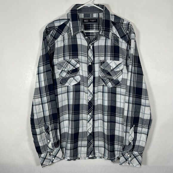Buckle BKE Athletic Fit Pearl Snap Western Shirt Mens Size Large Navy Blue Plaid - Picture 1 of 15